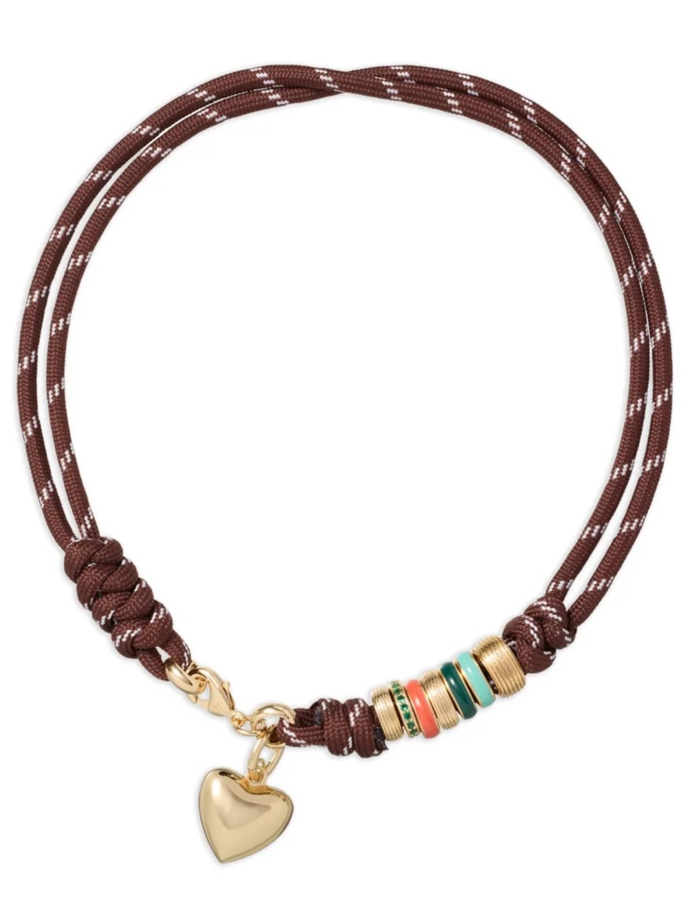 Roxanne Assoulin Brown Cord Necklace with Gold Heart and Turquoise Coral Accents